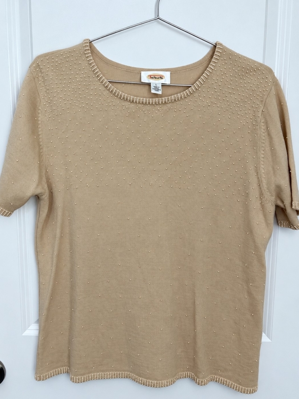 Talbots Women's Large 100% Wool Sweater Beaded Pearl Embellished Tan